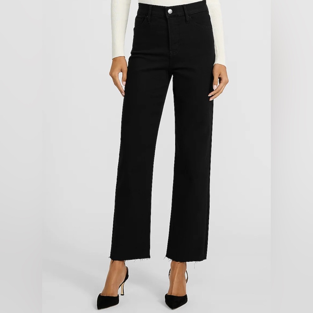 High Waisted Stay Black Raw Hem Straight Ankle Jeans